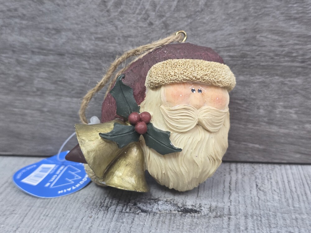 Crazy Mountain Santa Christmas Ornament Resin w Holly & Bells 2.5" Tall 200a27